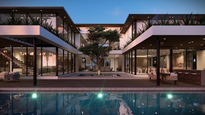 Exterior, Facade, Pool, Modern