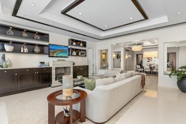 Chandelier, Dining room, Fireplace, Interior, Living room, Recessed Lighting