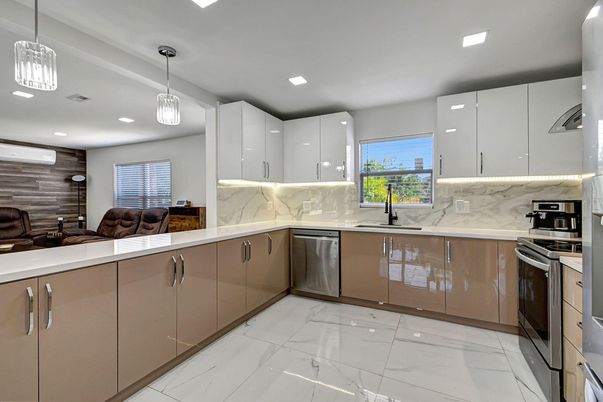 Interior, Kitchen, Marble, Pendant Lights, Recessed Lighting, Stainless Steel Appliances