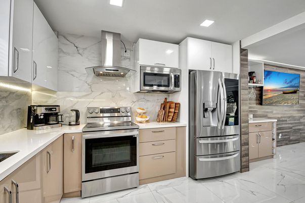 Interior, Kitchen, Marble, Marble Walls, Recessed Lighting, Stainless Steel Appliances
