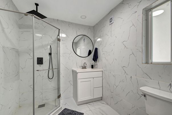 Bathroom, Glass Shower, Interior, Marble, Marble Walls, Recessed Lighting