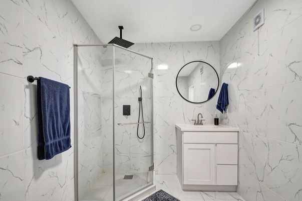 Bathroom, Glass Shower, Interior, Marble, Marble Walls, Recessed Lighting