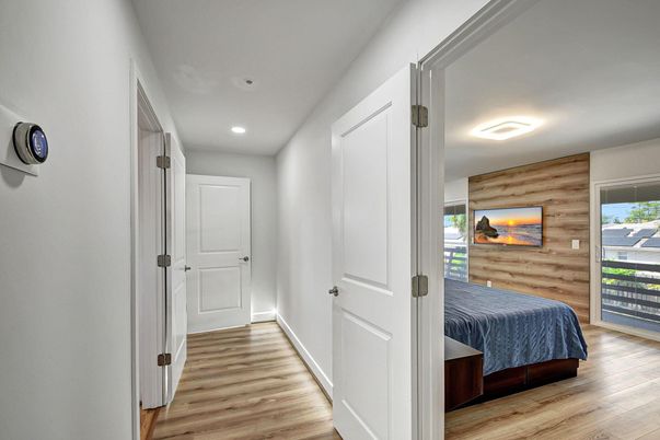 Bedroom, Interior, Recessed Lighting, Wood Texture Flooring, Wooden Walls