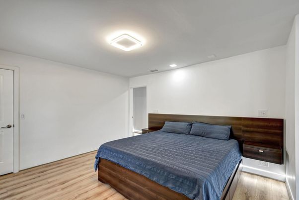 Bedroom, Interior, Recessed Lighting, Wood Texture Flooring