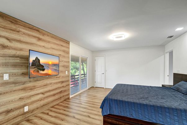 Bedroom, Interior, Recessed Lighting, Wood Texture Flooring, Wooden Walls