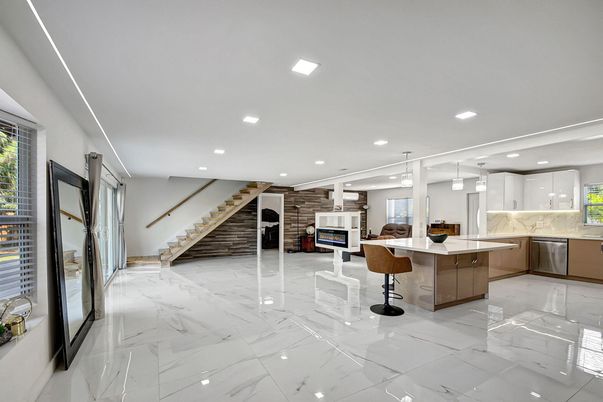 Fireplace, Interior, Kitchen, Marble, Pendant Lights, Recessed Lighting, Stainless Steel Appliances