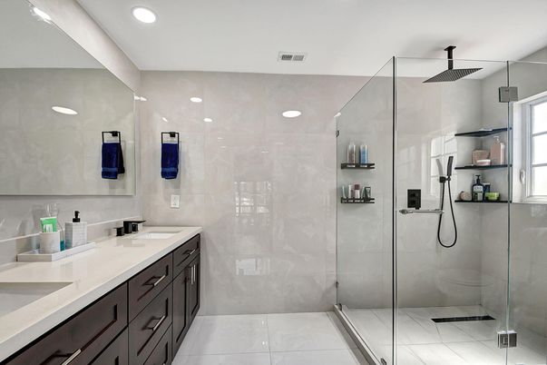 Bathroom, Dual Sink Vanities, Glass Shower, Interior, Recessed Lighting