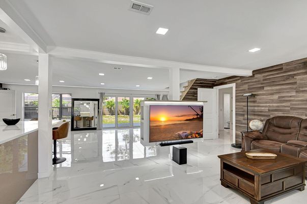 Interior, Living room, Marble, Recessed Lighting, Wooden Walls