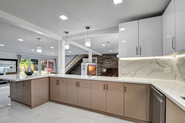 Interior, Kitchen, Marble, Marble Walls, Pendant Lights, Recessed Lighting