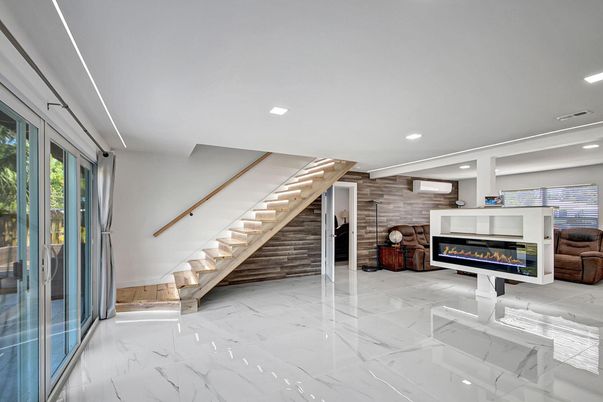 Fireplace, Interior, Marble, Recessed Lighting, Stone Walls
