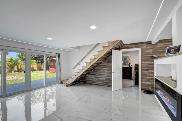 Fireplace, Interior, Marble, Recessed Lighting, Wooden Walls