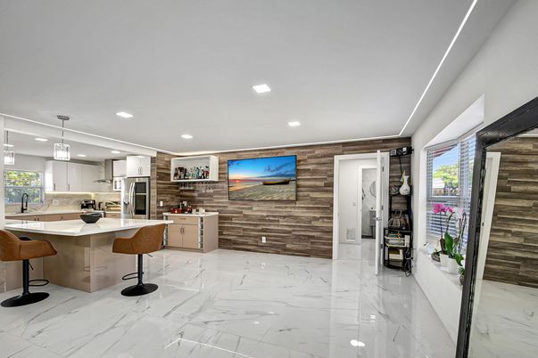 Interior, Kitchen, Marble, Pendant Lights, Recessed Lighting, Stainless Steel Appliances, Wooden Walls