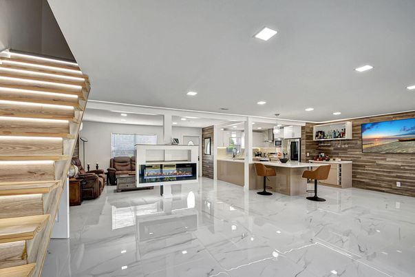 Interior, Kitchen, Marble, Pendant Lights, Recessed Lighting, Stainless Steel Appliances, Wooden Walls