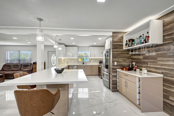 Interior, Kitchen, Marble, Pendant Lights, Recessed Lighting, Stainless Steel Appliances, Wooden Walls