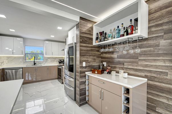 Interior, Kitchen, Marble, Recessed Lighting, Stainless Steel Appliances, Wooden Walls