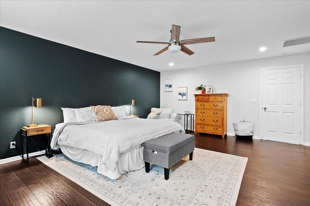 Bedroom, Interior, Recessed Lighting, Wood Texture Flooring