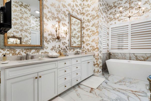 Bathroom, Dual Sink Vanities, Free Standing Baths, Interior, Marble, Recessed Lighting