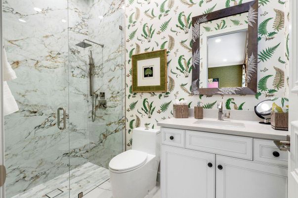 Bathroom, Glass Shower, Interior, Marble Walls, Recessed Lighting
