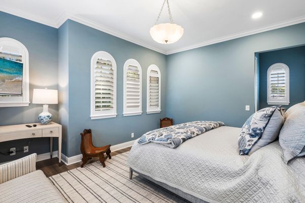 Bedroom, Interior, Pendant Lights, Recessed Lighting, Wood Texture Flooring