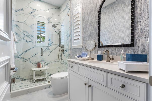 Bathroom, Interior, Marble Walls, Recessed Lighting