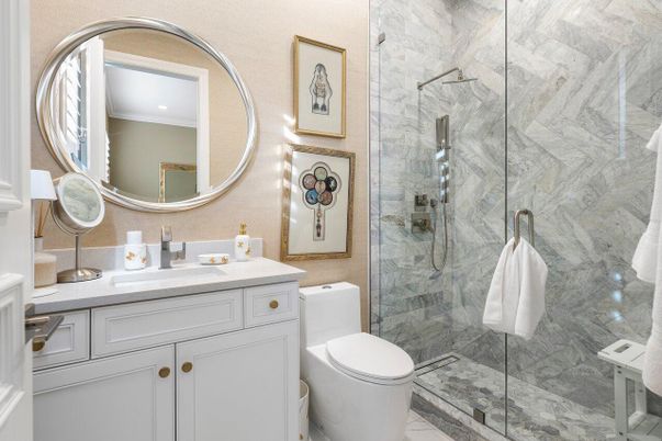 Bathroom, Glass Shower, Interior, Marble Walls, Recessed Lighting