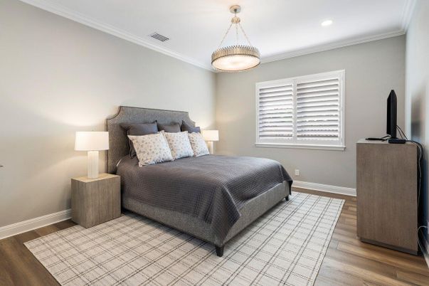 Bedroom, Interior, Pendant Lights, Recessed Lighting, Wood Texture Flooring