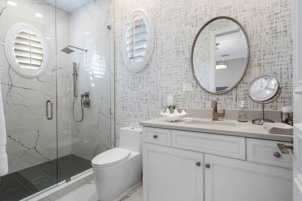 Bathroom, Glass Shower, Interior, Marble Walls, Recessed Lighting
