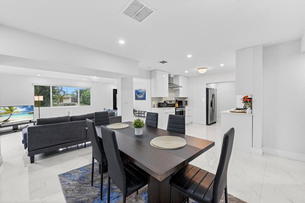Dining room, Interior, Kitchen, Living room, Marble, Recessed Lighting, Stainless Steel Appliances