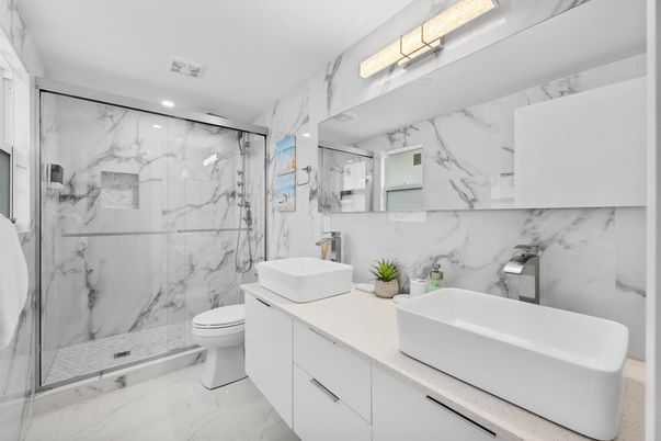 Bathroom, Glass Shower, Interior, Marble, Marble Walls, Recessed Lighting