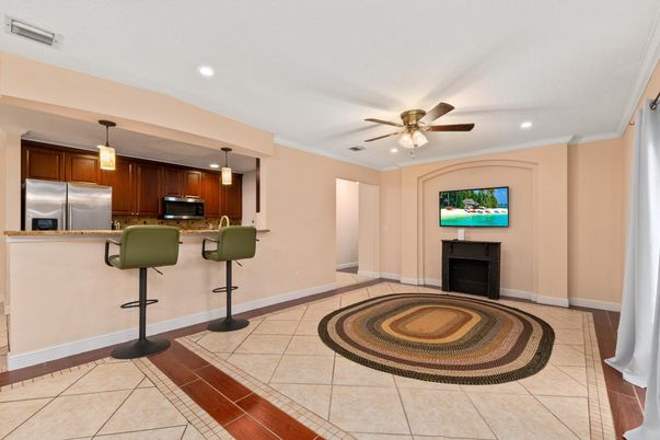 Fireplace, Interior, Kitchen, Pendant Lights, Recessed Lighting, Stainless Steel Appliances