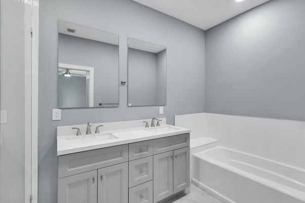 Bathroom, Dual Sink Vanities, Interior, Marble, Recessed Lighting
