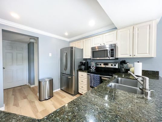 Interior, Kitchen, Recessed Lighting, Stainless Steel Appliances, Wood Texture Flooring