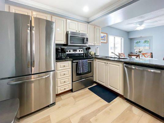 Interior, Kitchen, Recessed Lighting, Stainless Steel Appliances, Wood Texture Flooring
