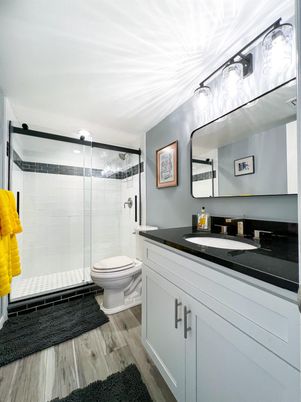 Bathroom, Glass Shower, Interior, Wood Texture Flooring
