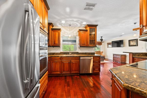 Interior, Kitchen, Pendant Lights, Recessed Lighting, Stainless Steel Appliances, Wood Texture Flooring