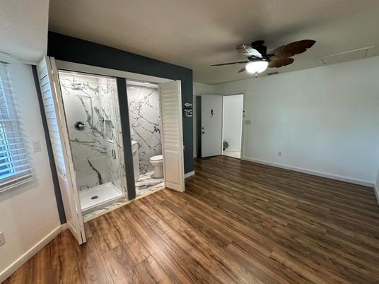 Bathroom, Empty room, Interior, Marble Walls, Wood Texture Flooring