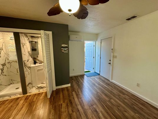 Bathroom, Interior, Marble Walls, Wood Texture Flooring
