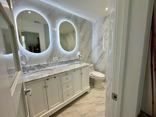 Bathroom, Dual Sink Vanities, Interior, Marble, Marble Walls, Recessed Lighting