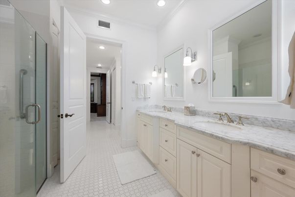 Bathroom, Dual Sink Vanities, Glass Shower, Interior, Recessed Lighting