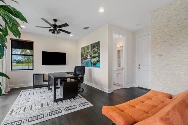 Home Office, Interior, Recessed Lighting, Stone Walls, Wood Texture Flooring
