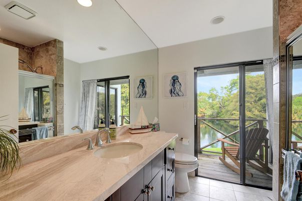 Bathroom, Dual Sink Vanities, Interior, Recessed Lighting, Wood Texture Flooring