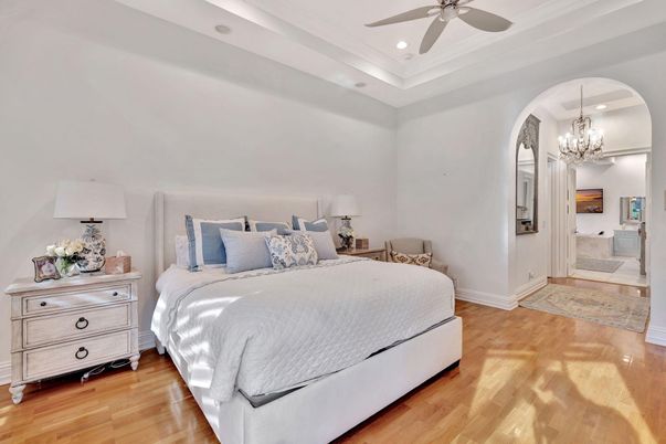 Bedroom, Chandelier, Interior, Recessed Lighting, Wood Texture Flooring
