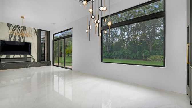 Empty room, Interior, Marble, Pendant Lights