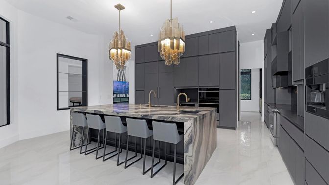 Interior, Kitchen, Marble, Pendant Lights, Recessed Lighting