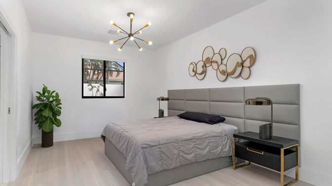 Bedroom, Interior, Pendant Lights, Wood Texture Flooring