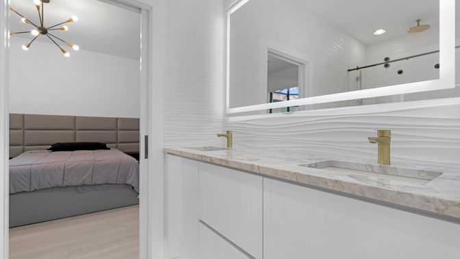 Bedroom, Interior, Pendant Lights, Recessed Lighting, Wood Texture Flooring
