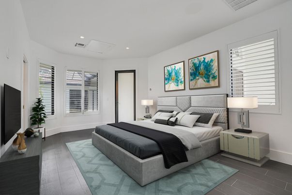 Bedroom, Interior, Recessed Lighting, Wood Texture Flooring