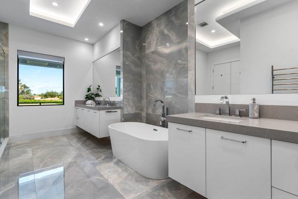 Bathroom, Dual Sink Vanities, Free Standing Baths, Interior, Marble Walls, Recessed Lighting