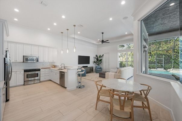 Interior, Kitchen, Living room, Pendant Lights, Recessed Lighting, Stainless Steel Appliances, Wood Texture Flooring