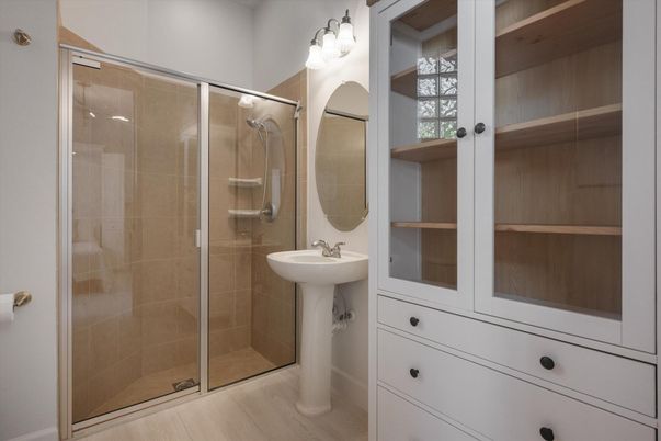 Bathroom, Glass Shower, Interior, Wood Texture Flooring